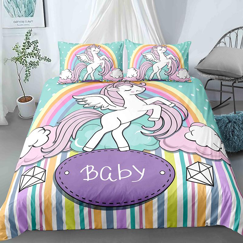 Cartoon Unicorn Duvet Cover Set With Pillowcase Queen King Size 2 3 Pcs Bedding For Kids Adults Polyester