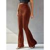 Women's High Waist Velvet Ribbed Flare Pants Slim Fit Solid Color Micro Bell Bottom Long Trousers