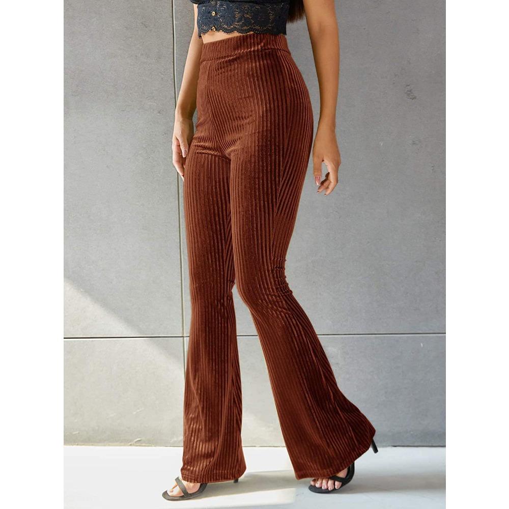 Women's High Waist Velvet Ribbed Flare Pants Slim Fit Solid Color Micro Bell Bottom Long Trousers