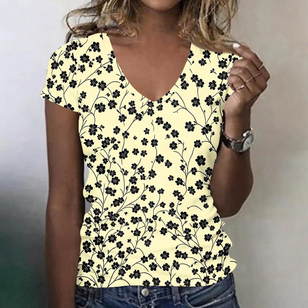 Women’s Casual V Neck Short Sleeve T Shirt with Floral Print Relaxed Fit Lightweight Top for Everyday Wear