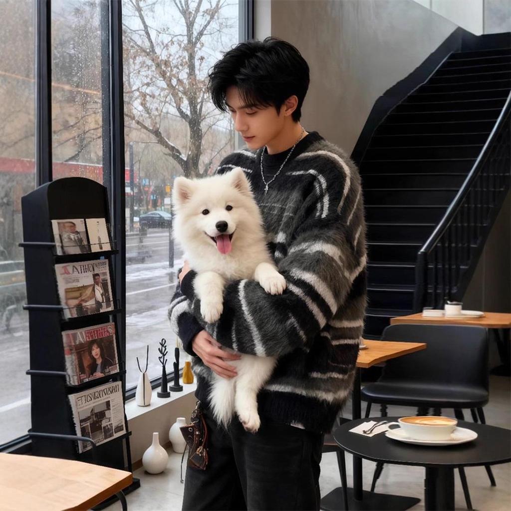 Men's Retro Color Block Mohair Crew Neck Sweater - Winter Trendy, Lazy Style Knitwear for Couples