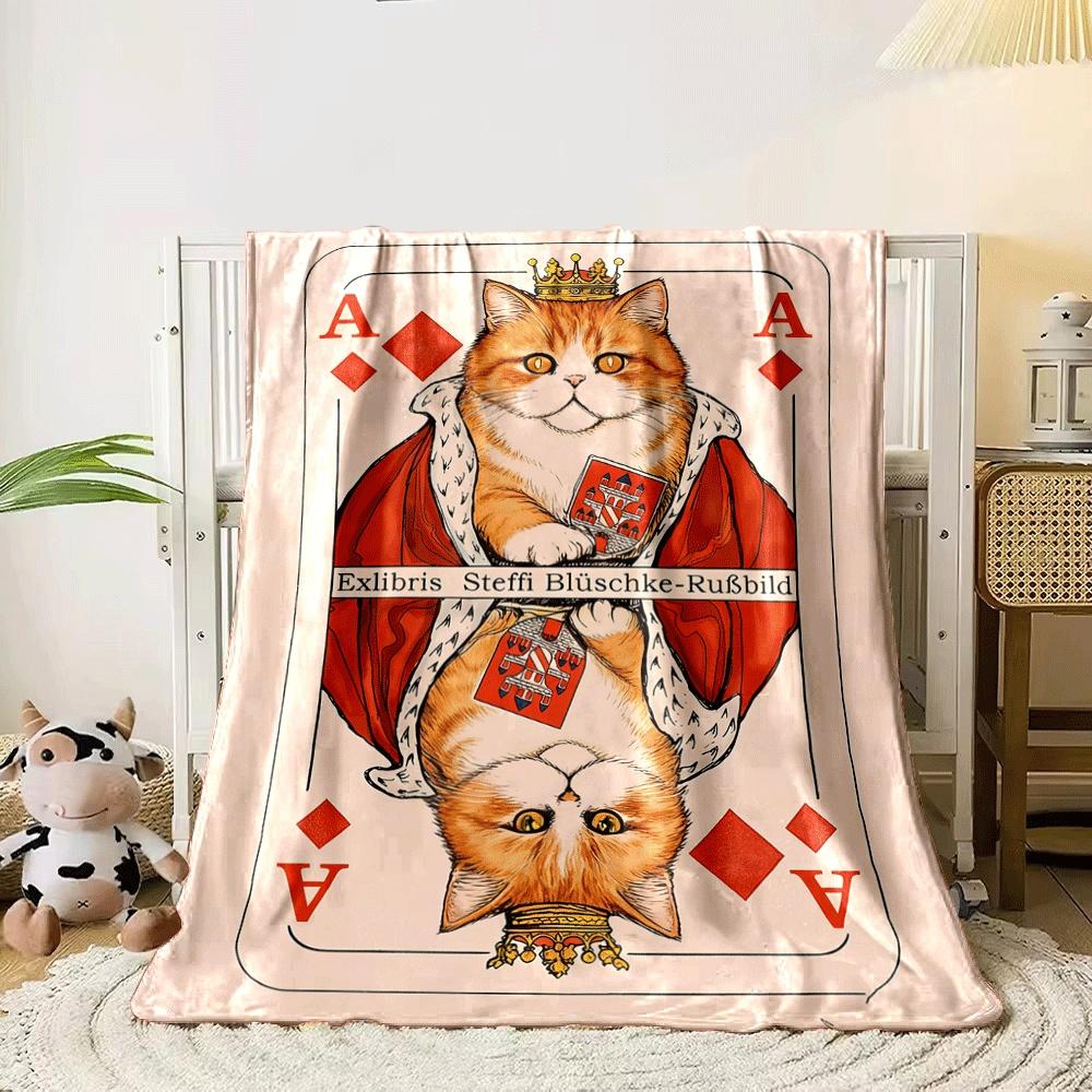 A Crowned Orange Cat In Royal Attire Mirrored On a Playing Card Design. for All Seasons Blanket Lunch Break Throw Gift