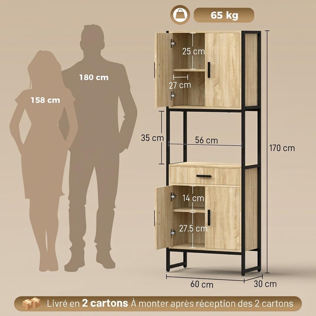 High Kitchen Buffet, 4 Soft-Close Doors, Drawer, Worktop, 60 x 30 x 170 cm, Natural Wood