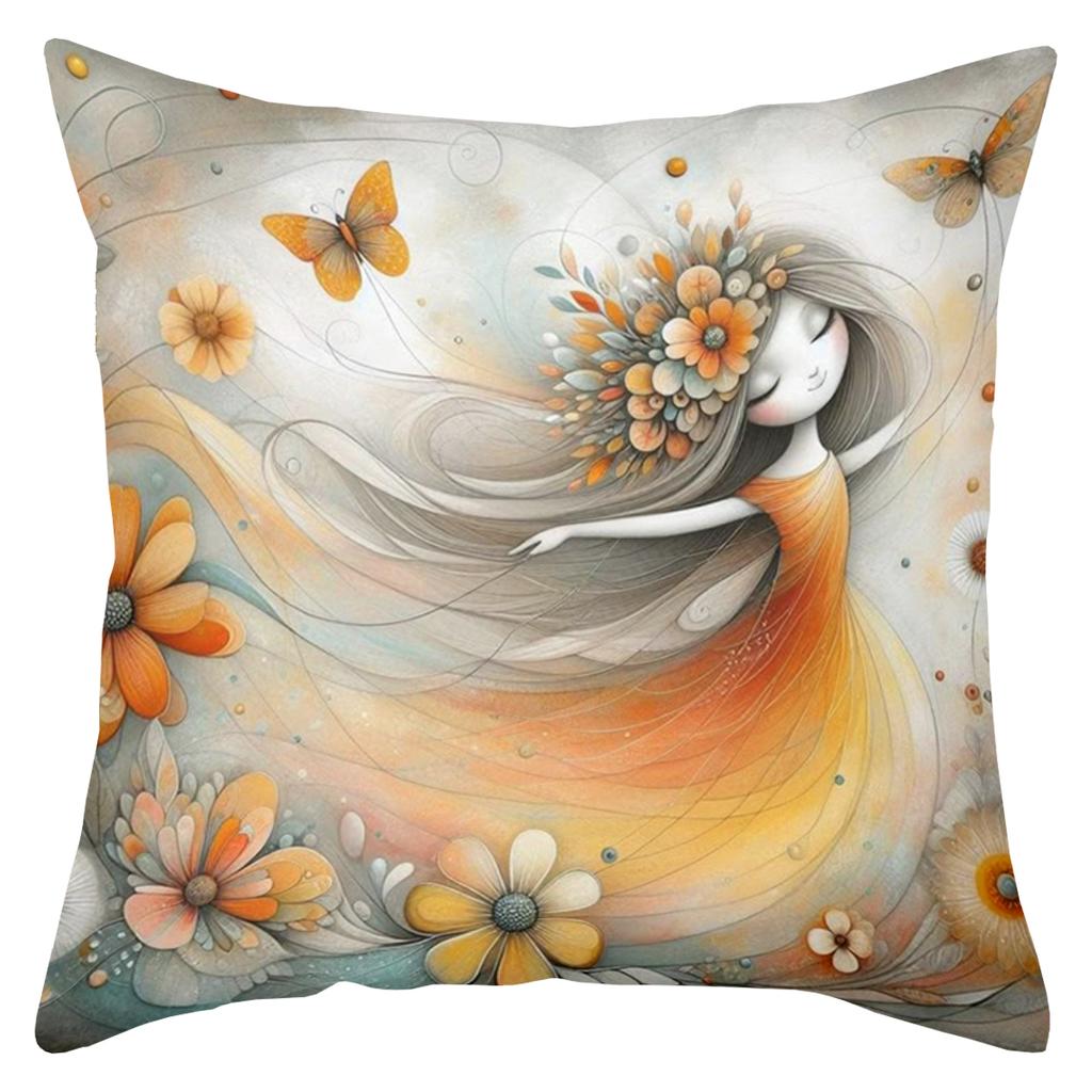 2D flat printing Girls with Flowers Design Decorative Throw Pillows Polyester pillowcase, sofa decorative cushion cov