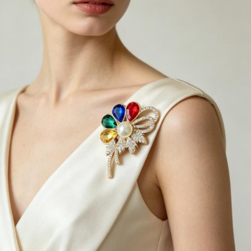 Women's Flower Brooch with Colorful Rhinestones and Elegant Plant Design for Parties