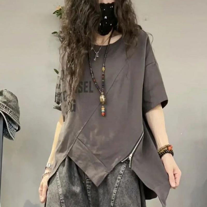 Summer Streetwear Letter Printing Irregular Zipper Tees Ladies Round Neck Loose Casual All-match Pullovers Ladies's T-shirt