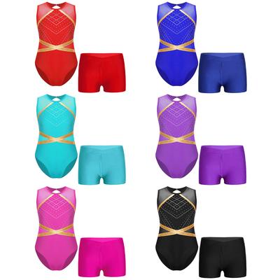 Kids Girls Glittery Rhinestones Gymnastics Leotard Keyhole Back Patchwork Sleeveless Bodysuit with V-front Waistband Shorts for Gymnastics Figure Skat