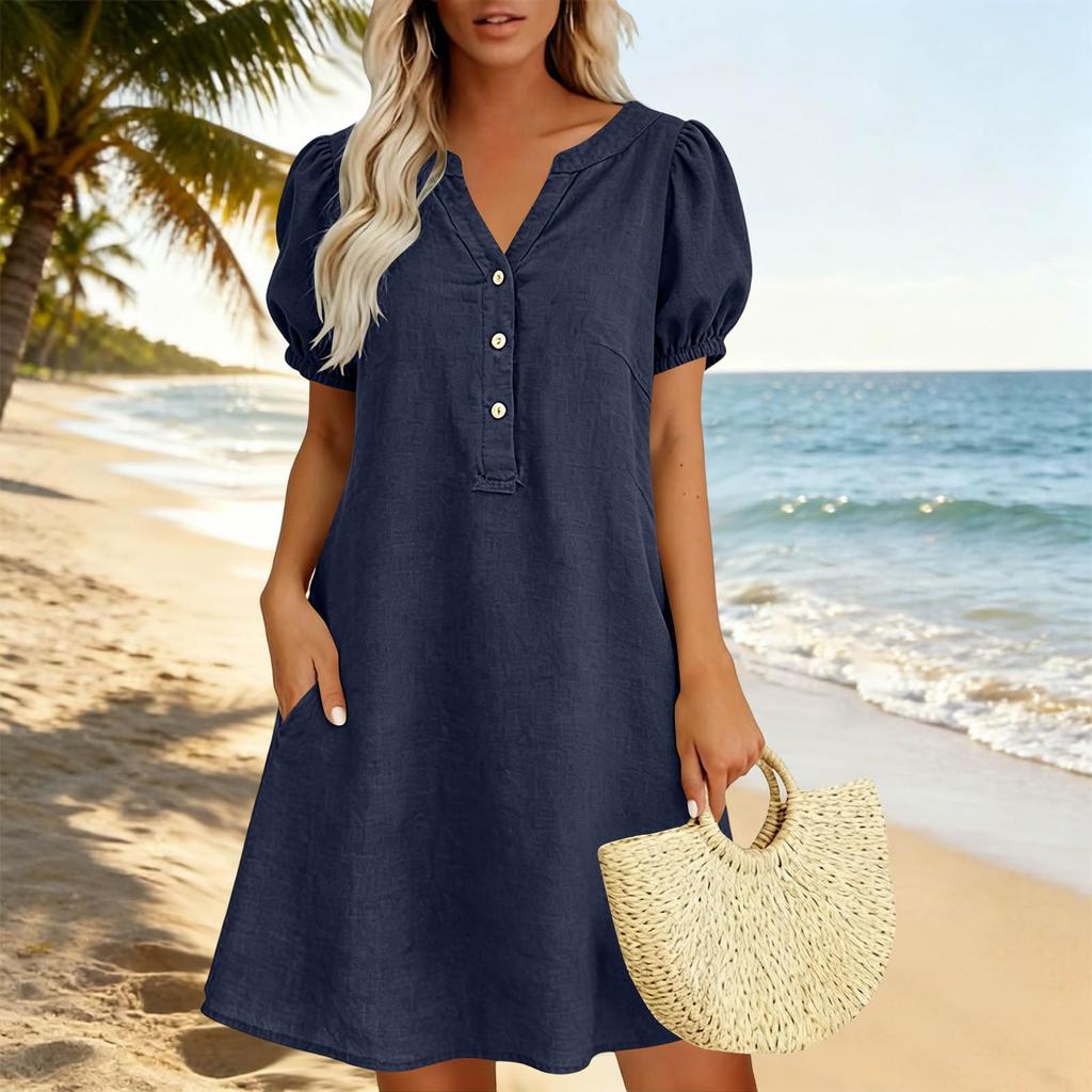 Lässiges Damen-Kleid mit V-Ausschnitt, Knopfleiste vorne, lockerer Passform, kurzen Puffärmeln und Seitentaschen für den Alltag