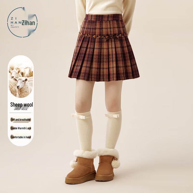 ZIHAN Vintage Plaid Wool Blend Pleated Skirt L