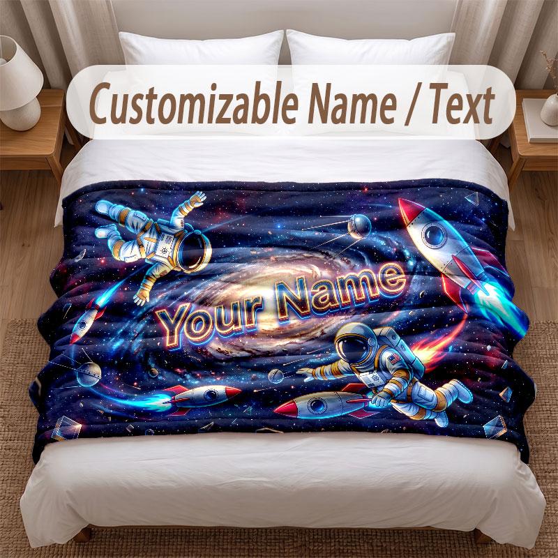 Astronaut Space Theme Soft Blanket Personalized Custom Name Text Print Warm Blanket Home Sofa Bedroom Decor