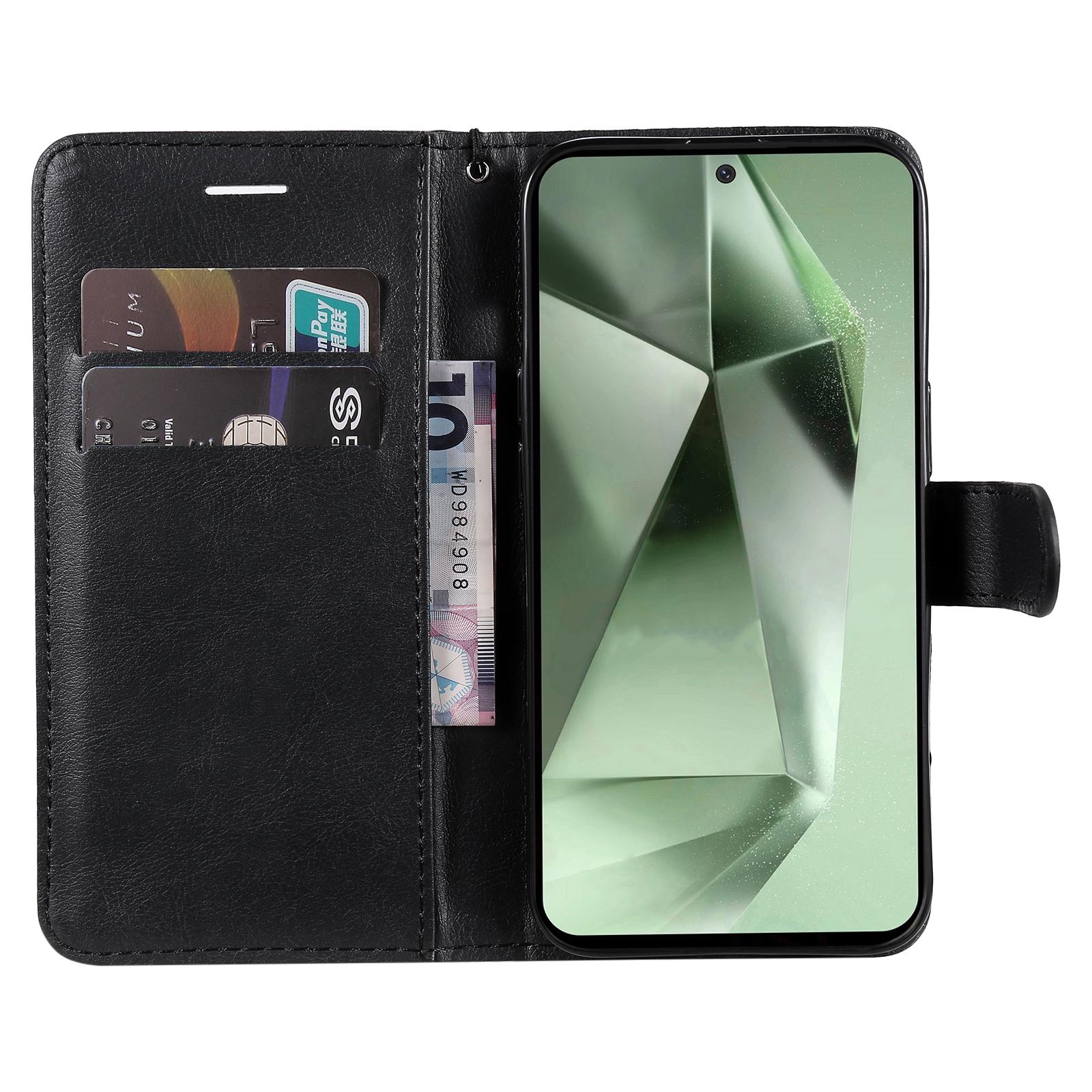 

For Samsung Galaxy S24 FE Case Solid Color Leather Mobile Cover Wallet Stand with Strap Black