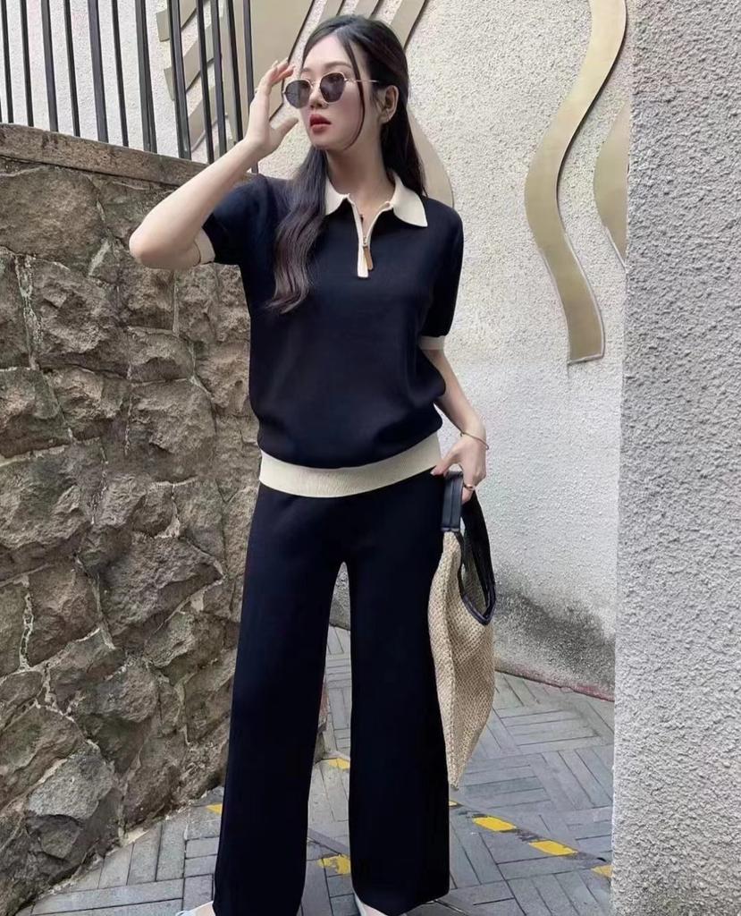 Lapel short-sleeved women's 1116 new summer foreign style age reduction versatile loose and thin POLO knitted two-piece set