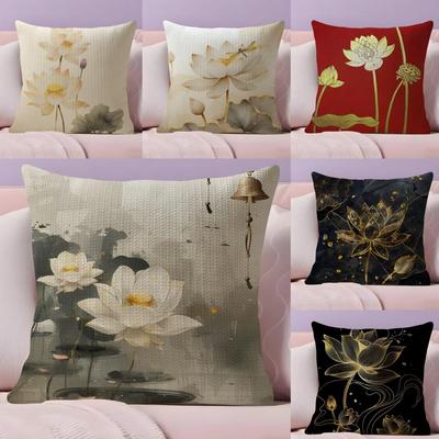 Golden Lotus Luxury Cushion Cover Natural Linen Pillow Case DoubleSided Print Decorative Sofa Pillowcase Home Decor Gift