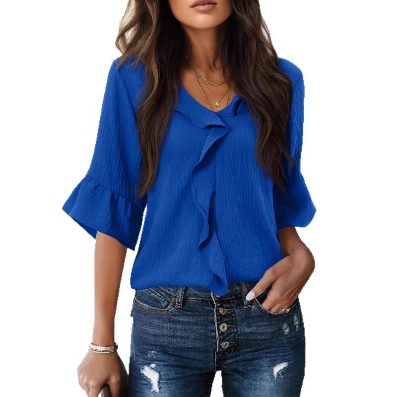 Spring Autumn Women's Black Ruffle V Neck Blouse 3/4 Bell Sleeve Casual Flowy Top