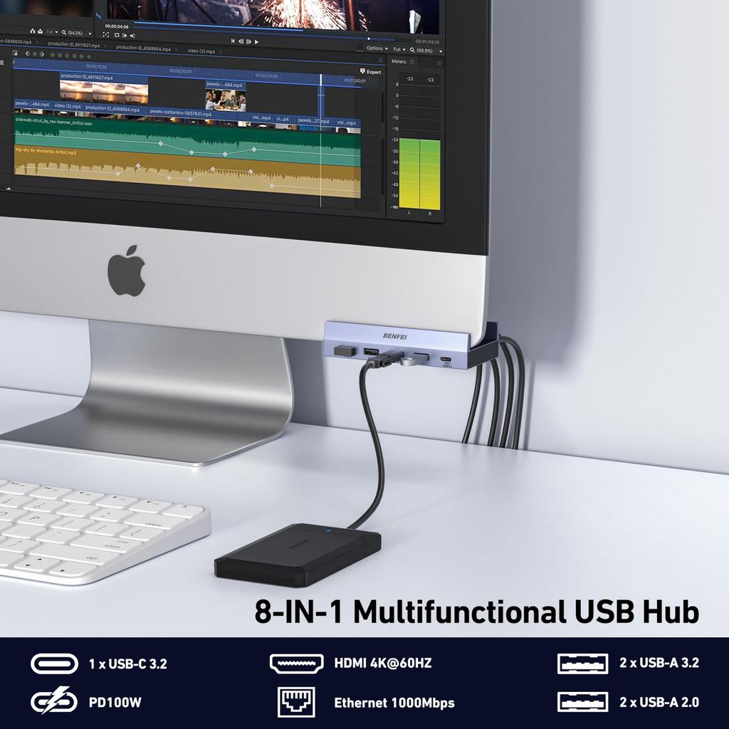 BENFEI USB C-hub med säker klämma Gigabit 100W PD 10Gbps 2 och 2 Kompatibel med iPad och XPS17 8-i-1 - 4K@60Hz HDMI, Ethernet, Laddning, USB-C,