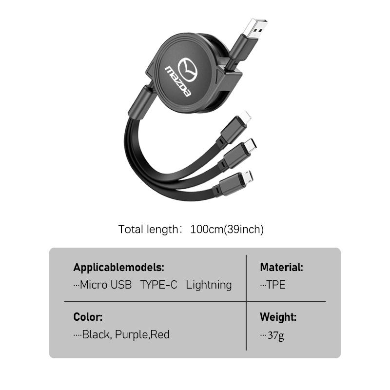 3 In 1 Phone Data Cable Multi Port Multiple Charging Wire Accessory For Mazda CX9 MX5 RX8 Axela Demio Atenza MS GJI GH BK MP