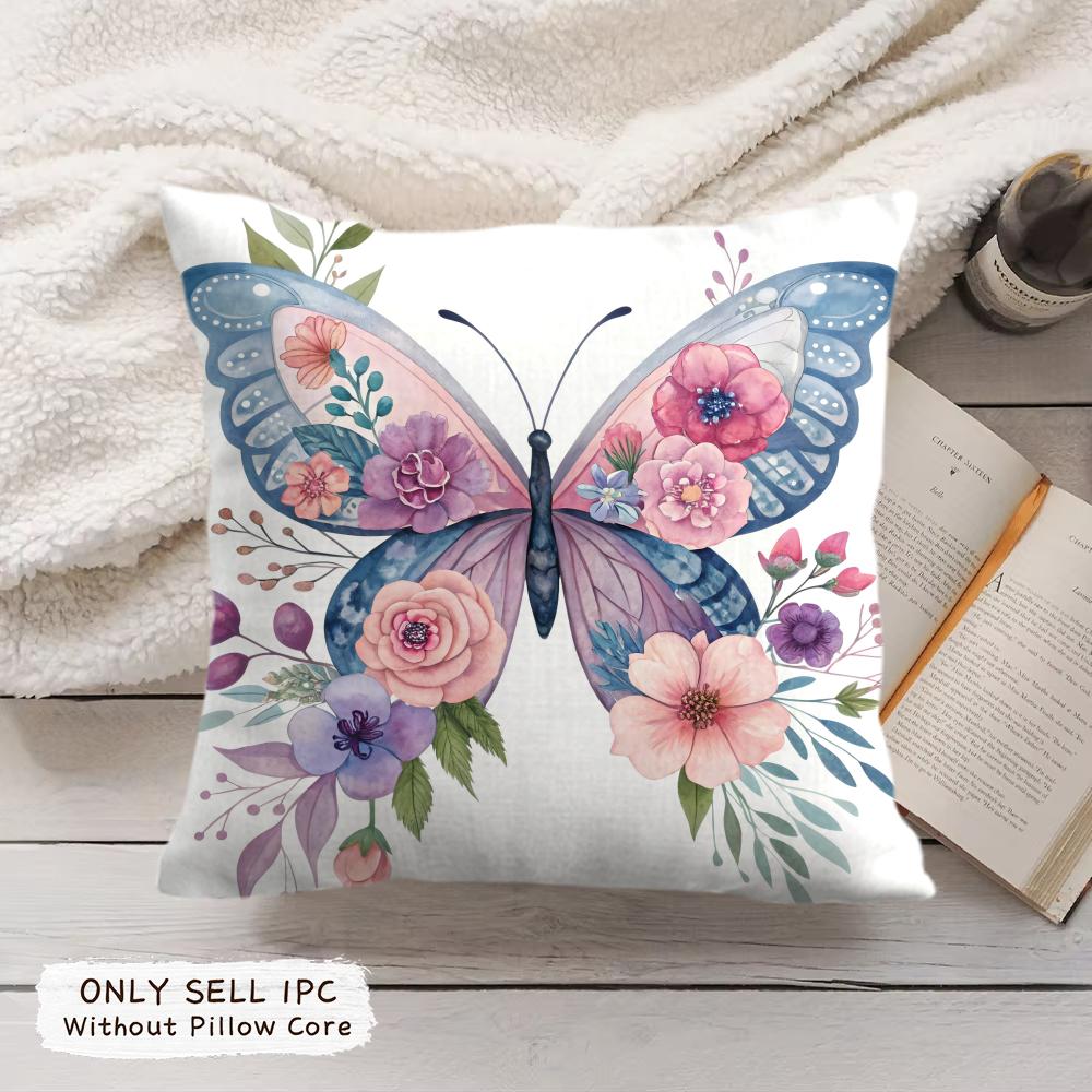 Butterfly and flower Cushion Cover Soft Short Plush Pillow Cover Smooth Cozy Texture Aesthetic Cushion Case Home Decor