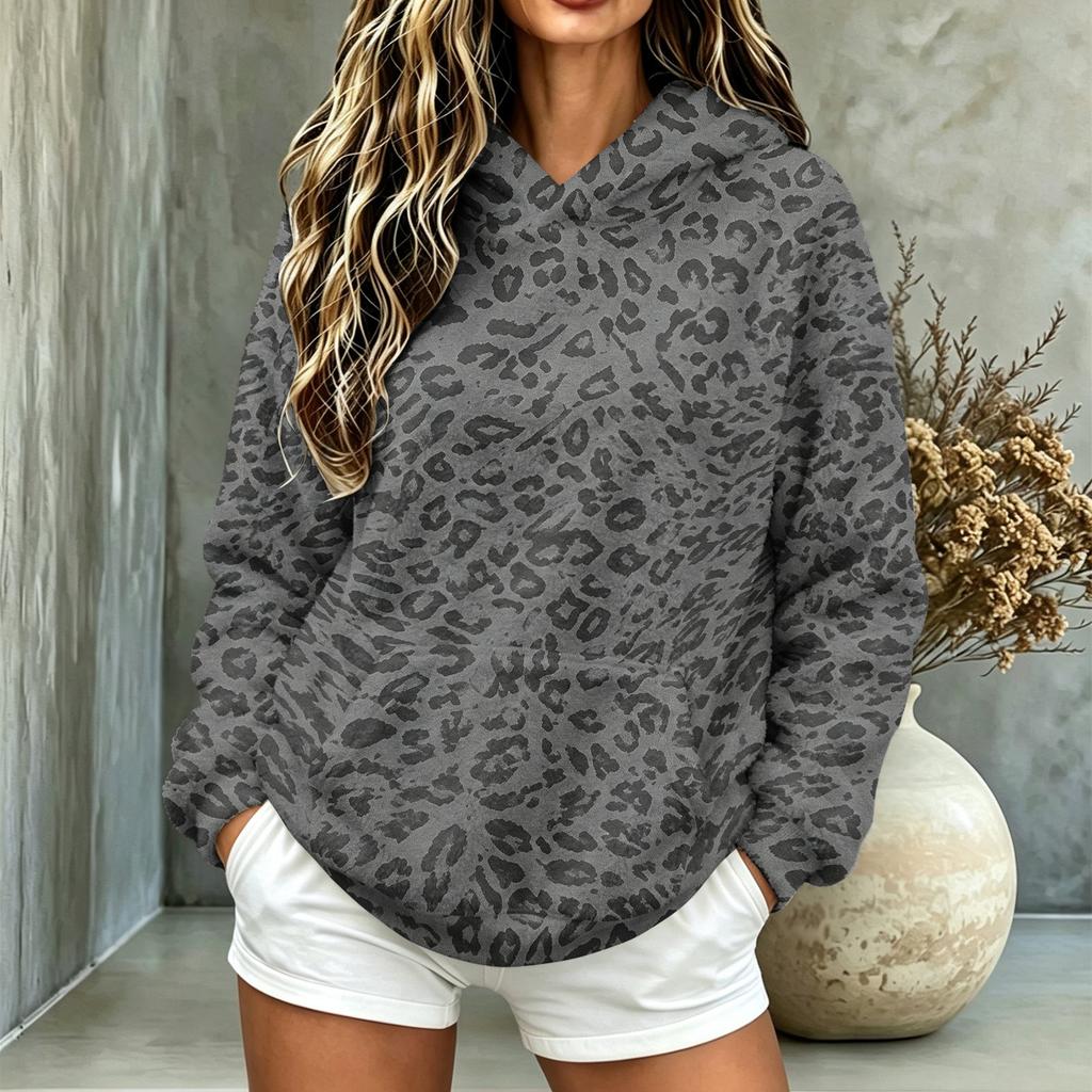 Top a manica lunga in flanella con cappuccio e tasche, stampato, casual da donna per autunno e inverno