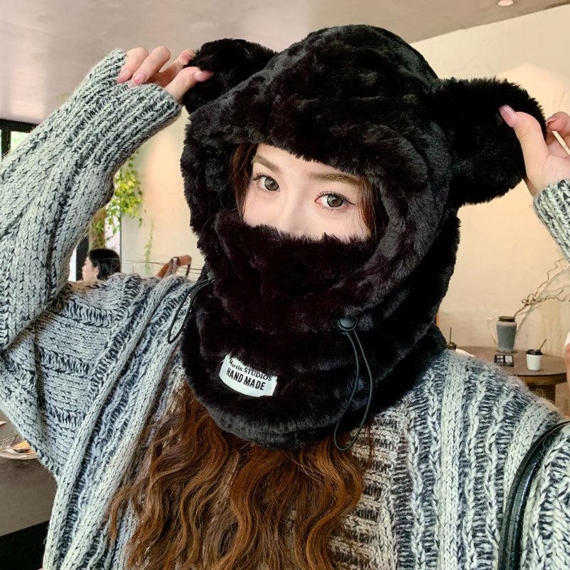 Fleece Thick Mask Scarf Integrated Cycling Warm Women's Scarf One-piece Plush Bear Ear Hat Men