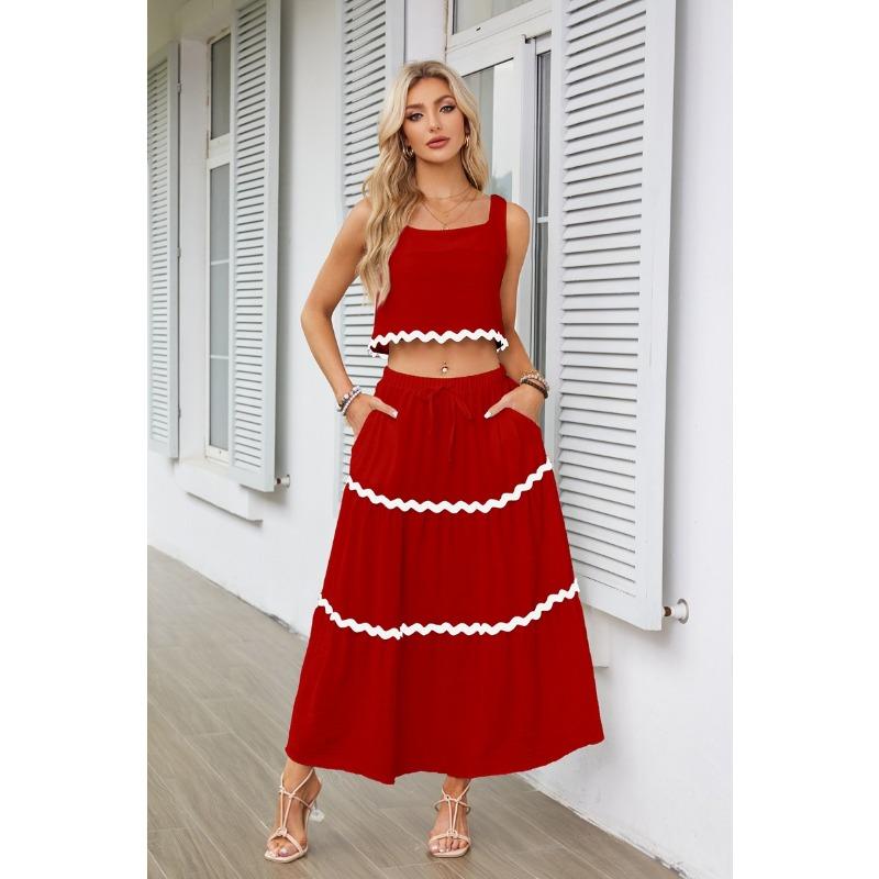 Letní dámská krajková koláž bez rukávů Krátká vesta sukně s vysokým pasem a dlouhými šaty