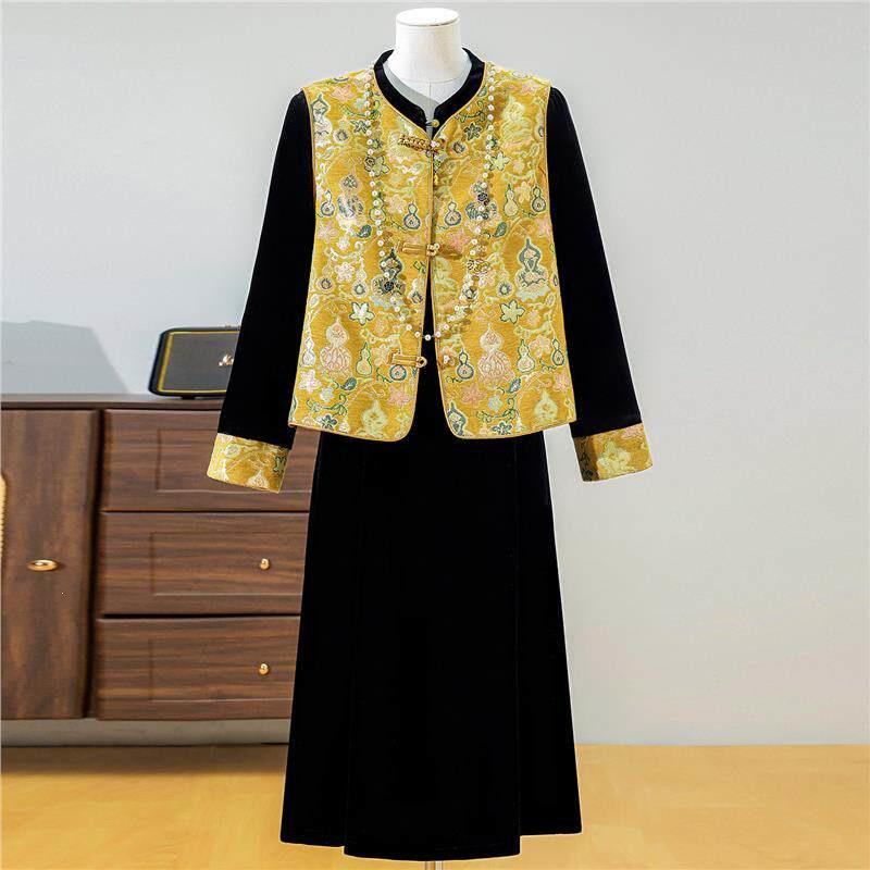 

Elegant Chinese Velvet Suit Dress Set for Women - Spring 2026 Style, Plus Size Available 3XL for 120-135 jin жёлтый