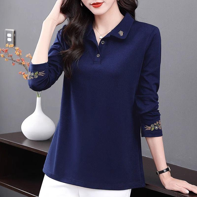 Women's Vintage Embroidery Polo Collar Elegant T-shirts Spring Autumn Korean Fashion Casual Long Sleeve Loose Tops Ropa De Mujer