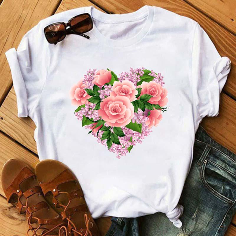 Maycaur Cute Floral Print Women T Shirt Summer Casual Short Sleeve Tshirt Ladies White Flower Tshirt