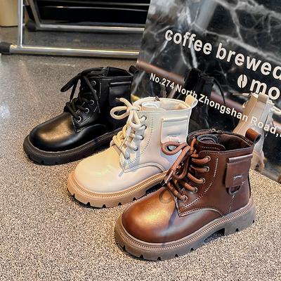 Children Platform Ankle Boots New Round-toe Black Boots for Girl Solid Color Causal Kids Fashion Short Leather Boots Side Zipper