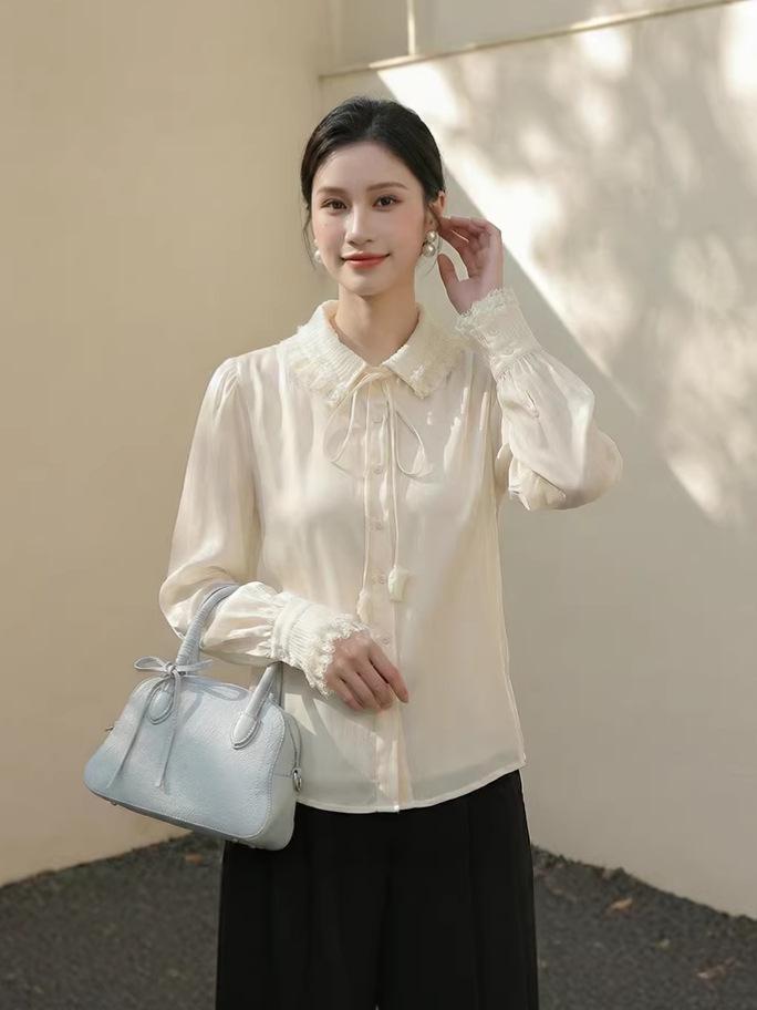 Fei Yuan Lace Trim Tie-Up Lapel Shirt – Women s Loose, Comfortable, Breathable Spring Top Polka Dot Apricot