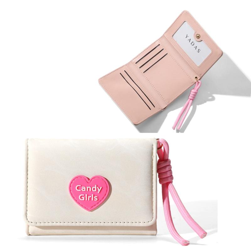Portafoglio da donna carino a tre ante in pelle PU portamonete compatto con cinturino da polso porta carte multiplo