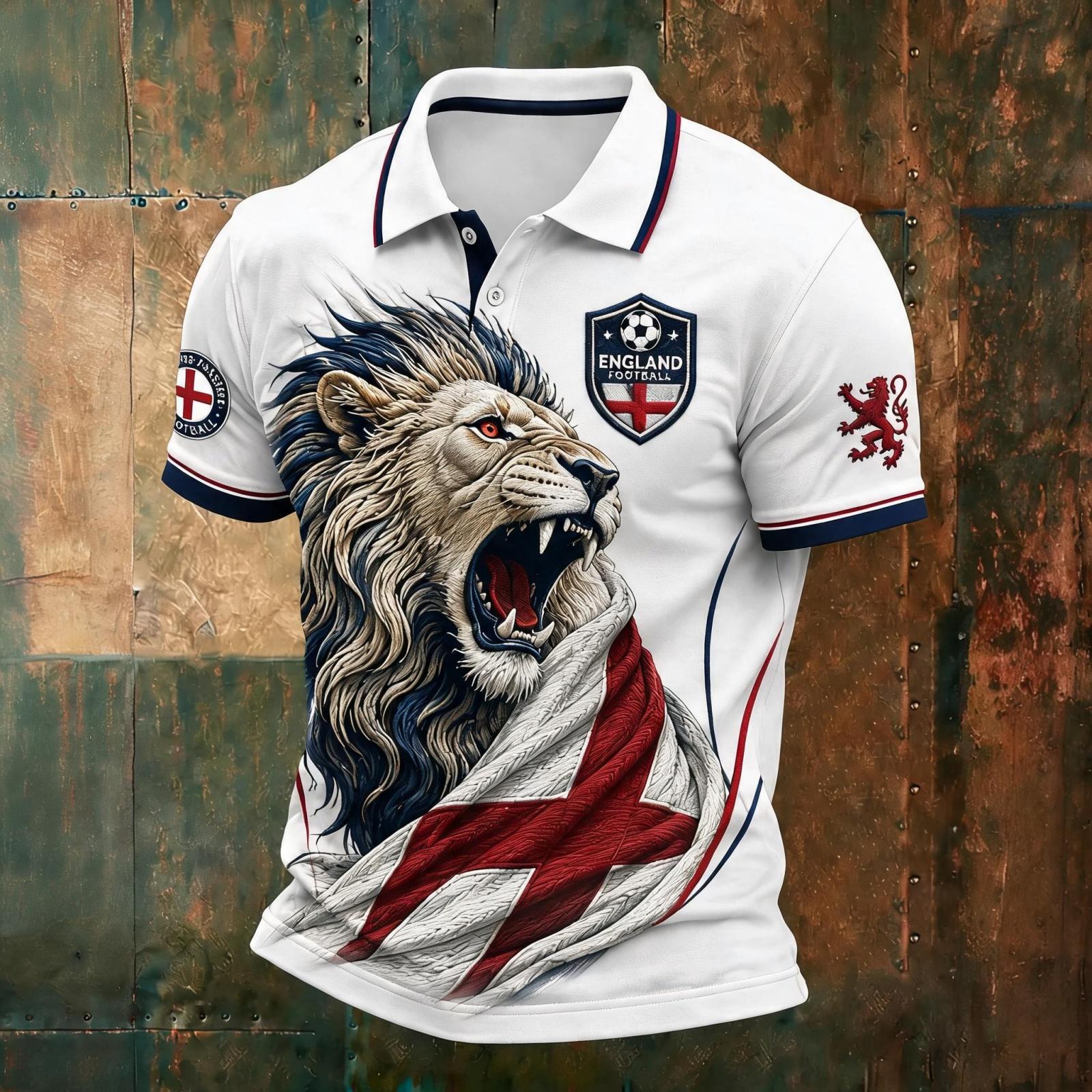Herren England Fußball Print Poloshirt Klassische Passform Kurzarm Fußballtrikot Freizeit Sportbekleidung für Herren S