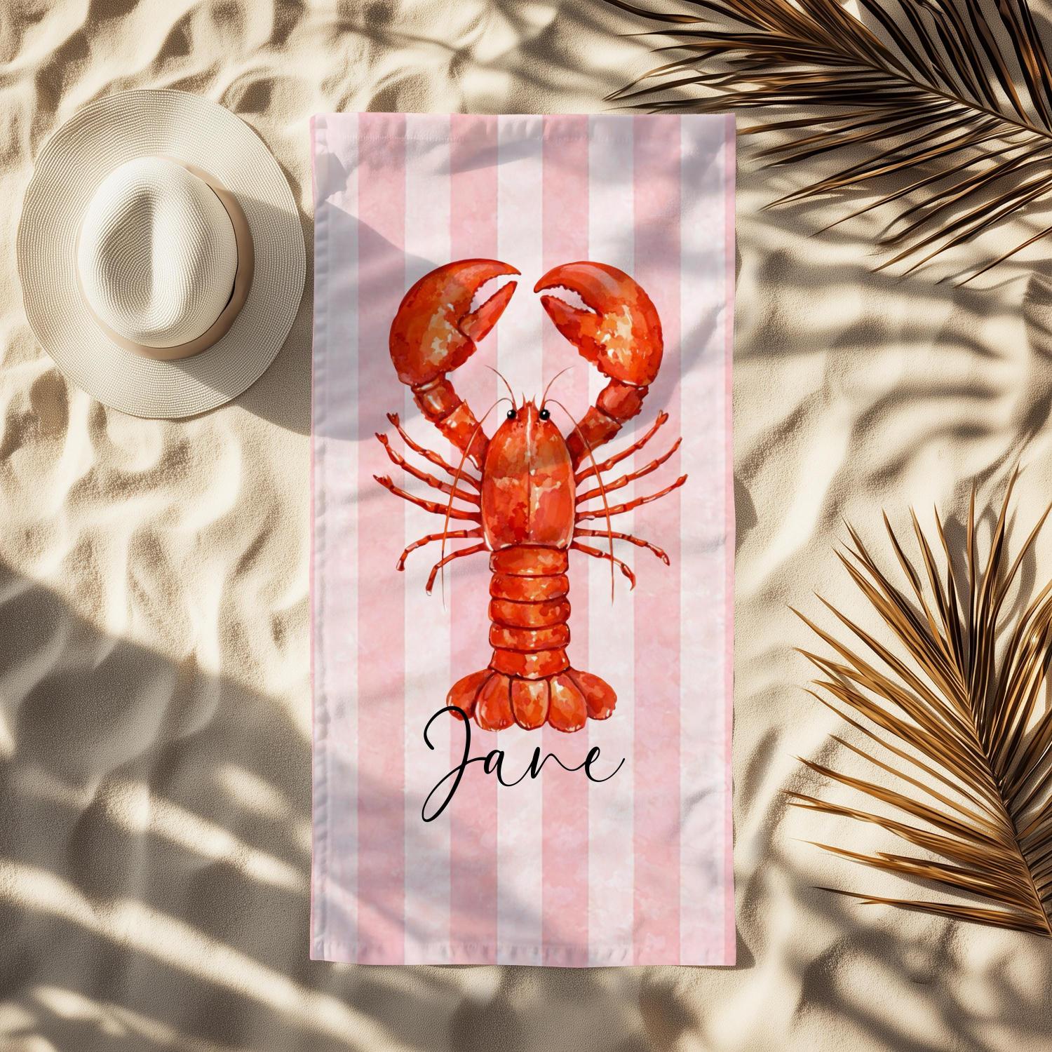 

Watercolor Red Lobster Beach Towel, Cute Pink Striped Summer Beach Towel for Coastal Vacation & Pool Days W40*H60(CM)