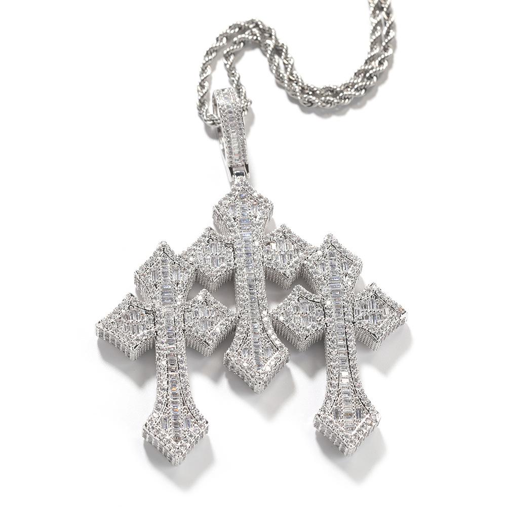 Retro Cross Pendant Men's Necklace with Copper Ladder Square Zirconium