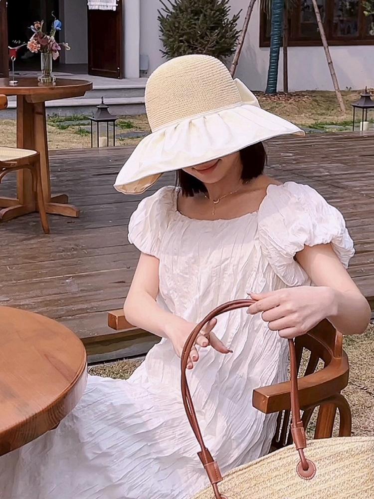 Vinyl big eaves sun protection visor hat women's summer sun face protection UV protection bow big head circumference fisherman hat