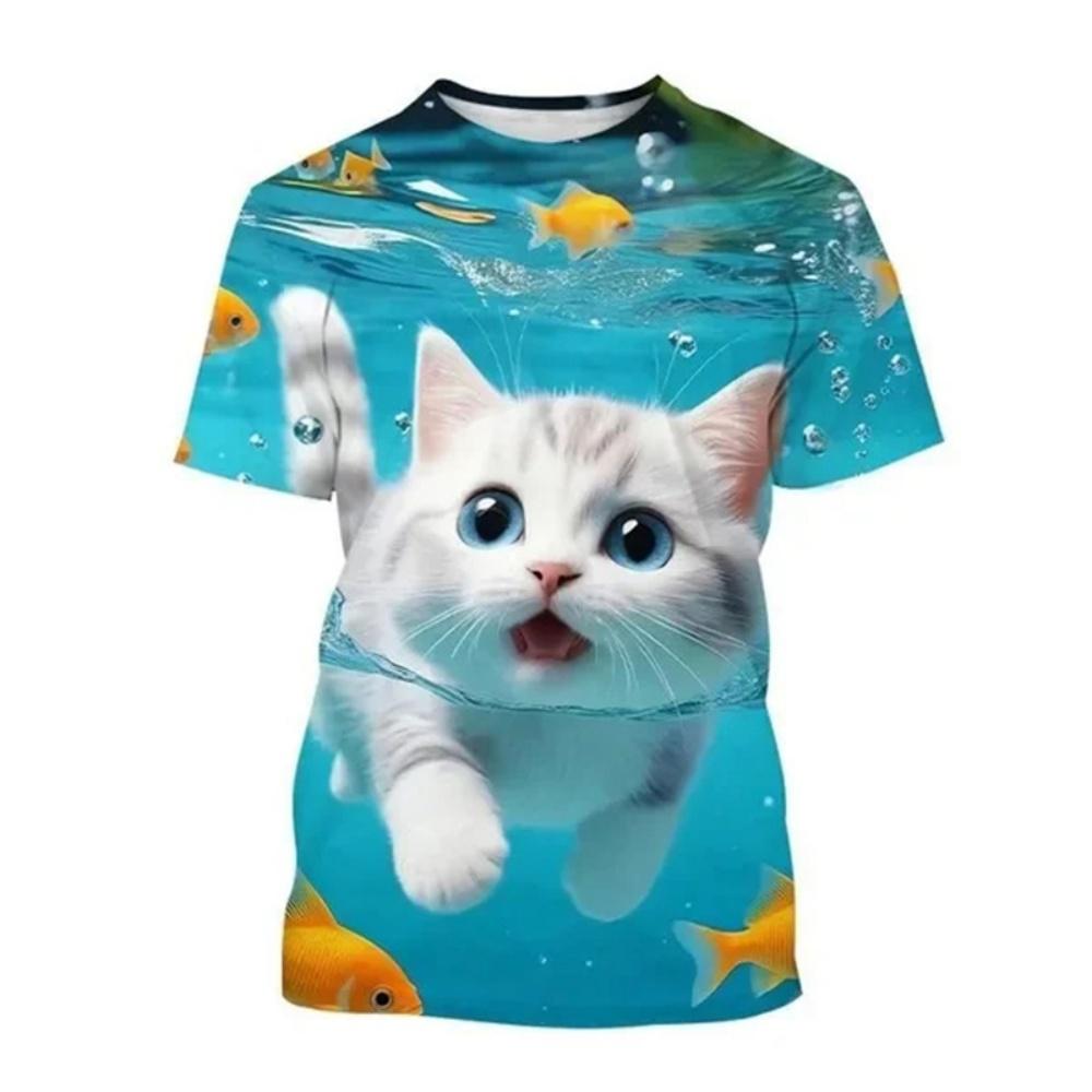 Fashion Korean Cute Cat Print Tees Children Girls Summer Clothes Kawaii Crew Neck