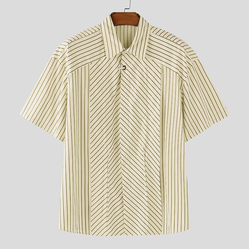 INCERUN Oversized Men Lapel Neck Short Sleeve Striped Print Pleating Shirts Tops