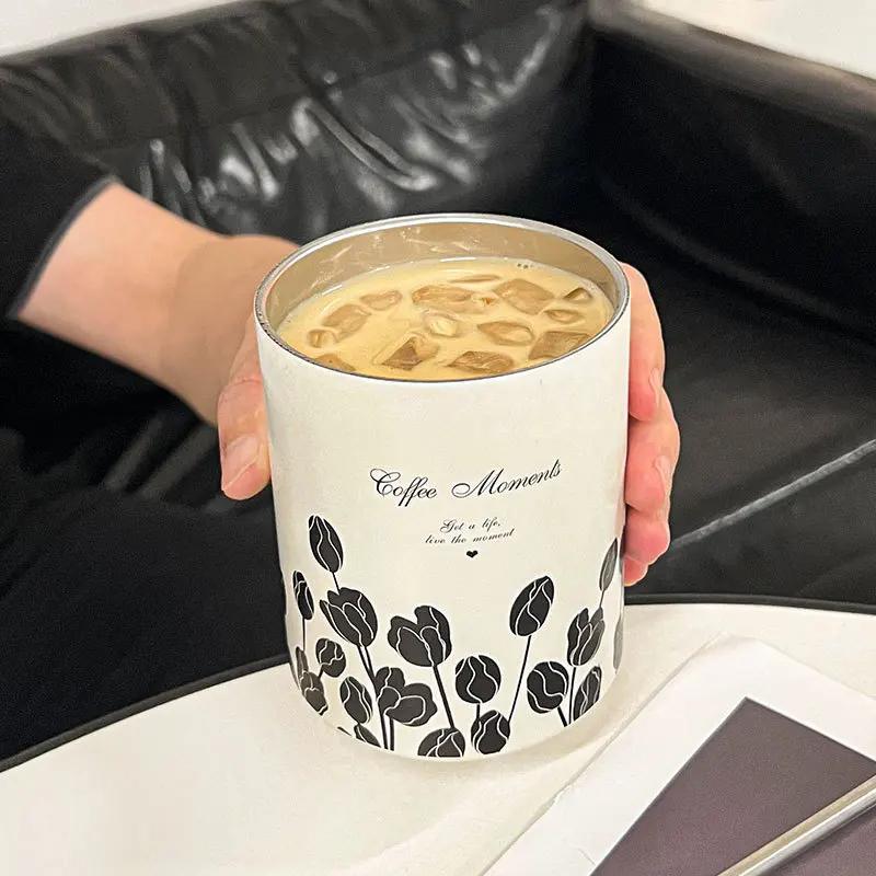 300ml Thermos Kaffeetasse Doppelschichtiger Edelstahl Tee Kaffeetasse Tulpen Thermobecher für Mädchen Wasserflasche Tumbler mit Strohhalm