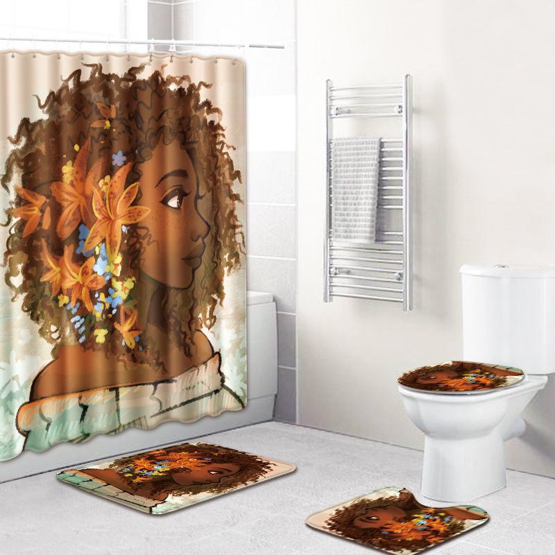 African American Women'S Bathroom Non-Slip Floor Mat, Shower Curtain Combination Carpet, European And American Wind Explosion Female Fixed Zhi
