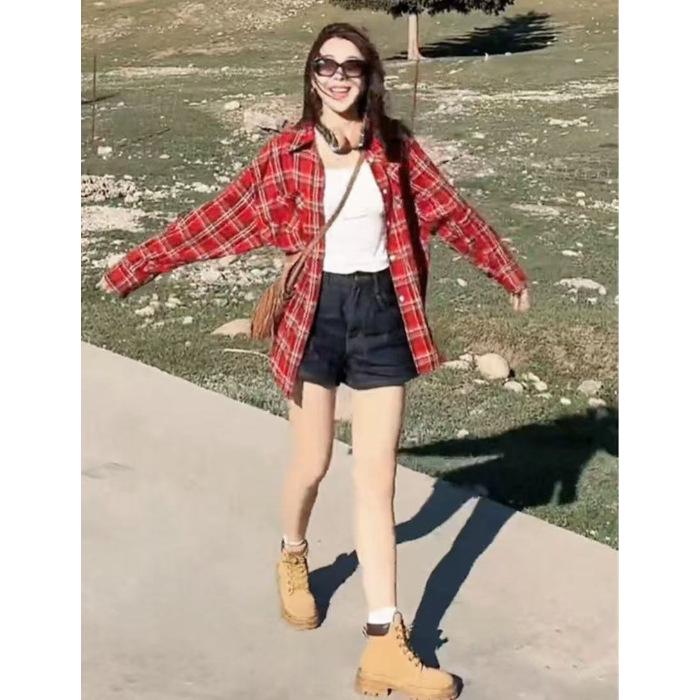 

Red Plaid Long Sleeve Casual Shirt Jacket - Fashionable, Loose, Versatile Early Autumn Top Large червоний