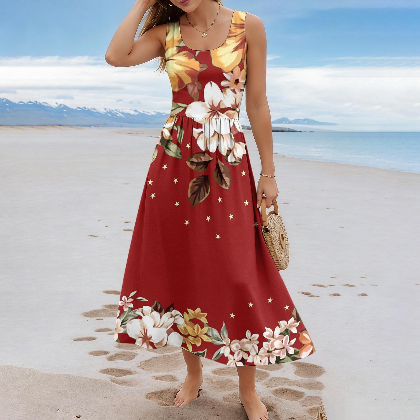 

Sleeveless Floral Print Maxi Dress with Scoop Neck and A Line for Women Summer Casual Beachwear M винний