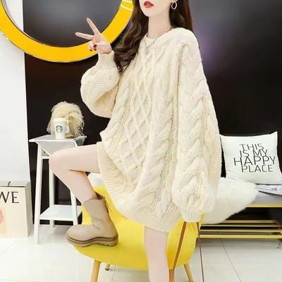 Large Thick Thread Twist Sweater Women's Thickened Medium and Long Autumn and Winter Loose Lazy Wind Knitted Jacket Top