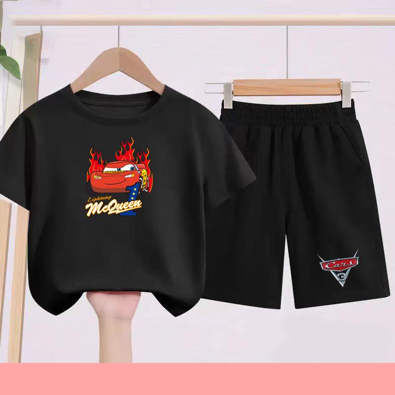 Children Aged 3 to 14 Summer Fashion T-shirt set Children Disney Car Print T-shirt + shorts Girl Boy Casual Tops Toddler Clothes
