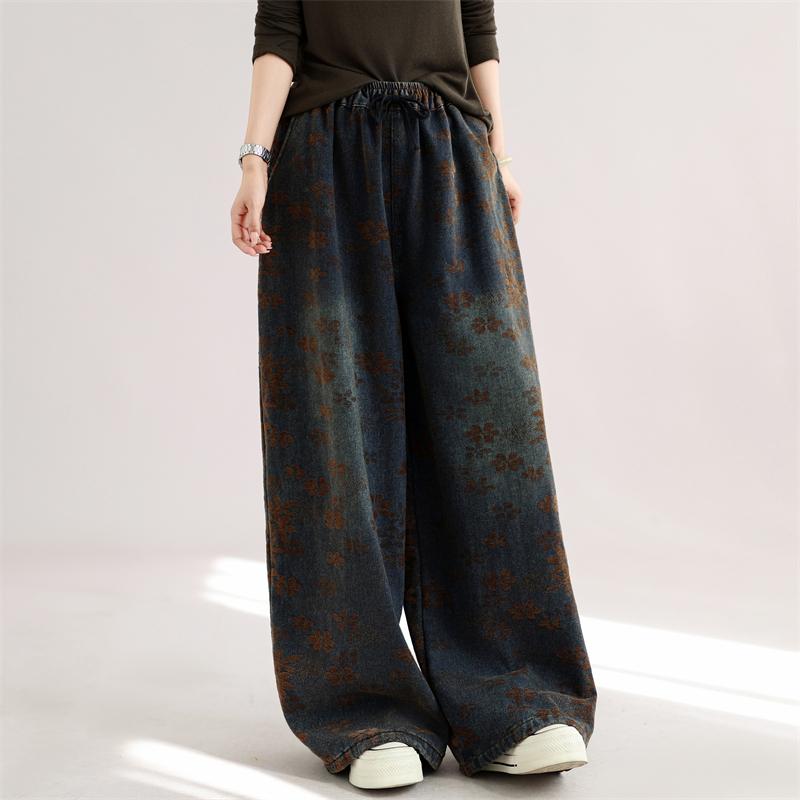 Korean Fashion Autumn Winter Women Wide Leg Jeans High Waist Floral Print Baggy Denim Trousers Elegant Vintage Plus Size Ladies' Jeans