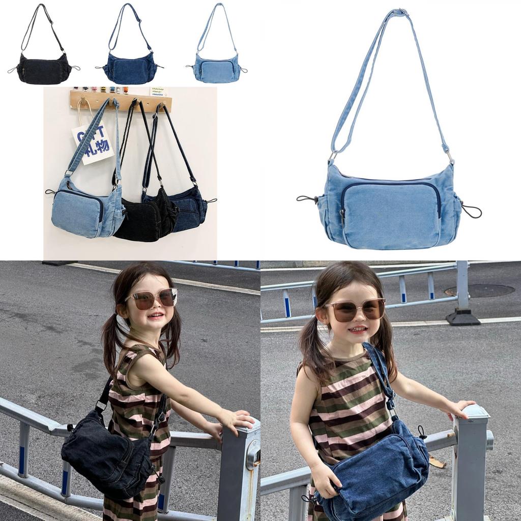 Stylish Korean Minimalist Denim Shoulder Bag For Kids In Blue Black And Dark Blue Colors