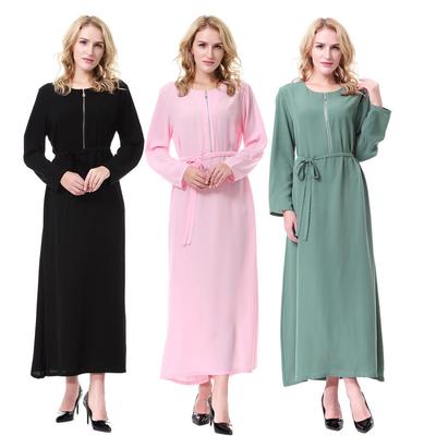 Robe Longue Zippée en Mousseline Unie à Col Rond pour Femme, TH913