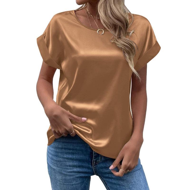 Spring and Summer New Women's Short-sleeved Satin Shirt Loose Casual Round Neck Satin T-shirt Women