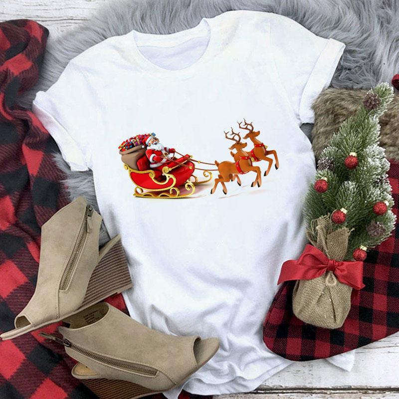 Cute Reindeer T Shirt Women Fashion Christmas Harajuku Short Sleeve T Shirt White Suitable All Seasons