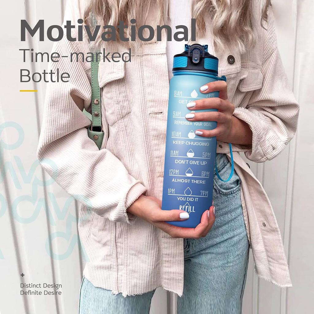32oz/1000ml Motivational Fitness Sports Water Bottle With Time Marker & Straw, Large Wide Mouth Leakproof Durable