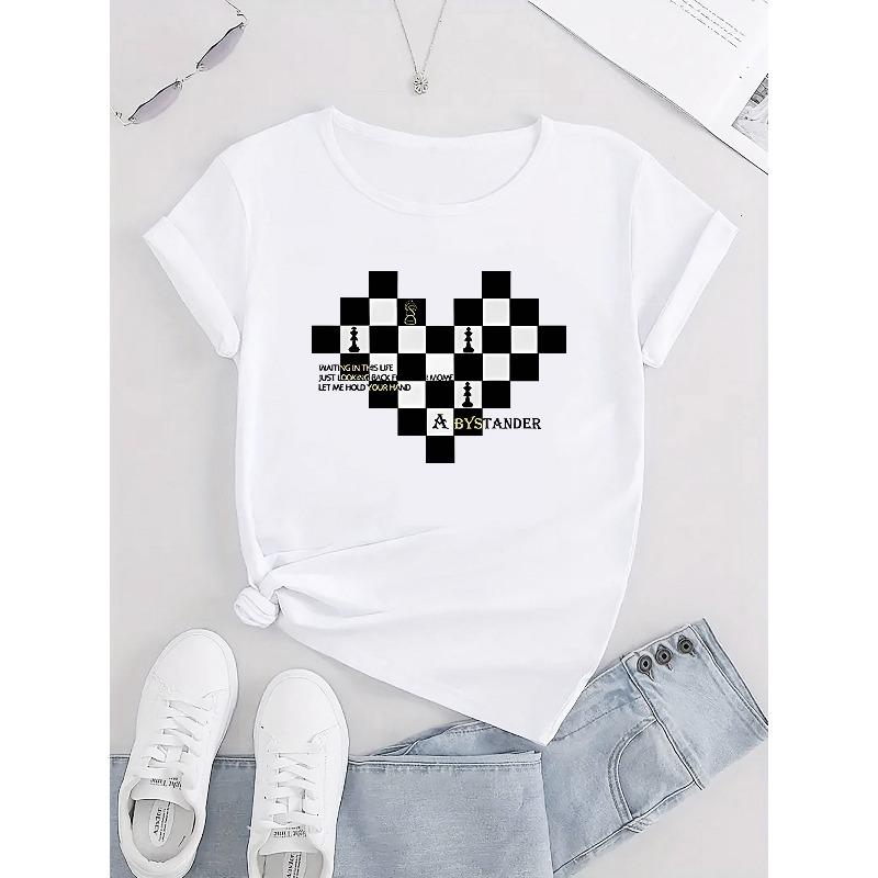 European Size Women's Casual Short Sleeve T-Shirt with Heart Checkered Chess Print & Inspirational Quote - Soft Stretch Round Neck Summer Top