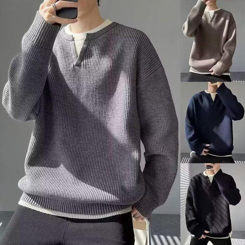 Men's Trendy Hong Kong Style Patchwork Sweater - Winter Round Neck Old Money Knitwear Casual Base Layer